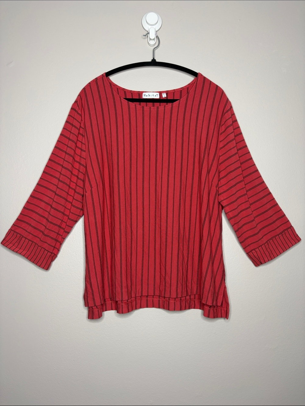 Habitat Clothes to Live In Striped Tunic Top XL Soft Salmon Red Black 3/4 Sleeve